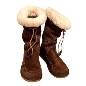 UGG Australia 5124 Suburb Mid Calf Knit + Sheepskin Boots Brown, size 8
